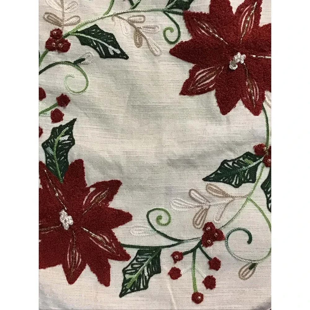 Rachel Zoe Christmas Table Runner Poinsettia Beaded Embroidered 16x72 Holiday